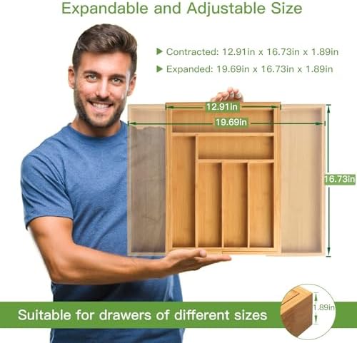 Pipishell Bamboo Silverware Organizer, Expandable Cutlery Tray, Utensil Drawer Organizer in Kitchen for Spoons Forks Knives, Multipurpose Use, Natural, Large