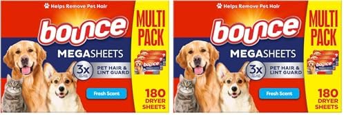 Bounce Pet Hair and Lint Guard Mega Fabric Softener Dryer Sheets with 3X Pet Hair Fighters, Fresh Scent, 180 Count (Packaging May Very) (Pack of 2)