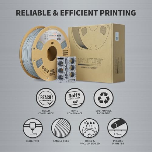 OVERTURE Super PLA+ Filament 1.75mm, Toughness Enhanced PLA Plus, Cardboard Spool, 1kg Filament (2.2lbs), Dimensional Accuracy +/- 0.02 mm (Light Gray)