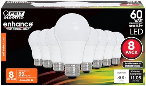 Feit Electric A19 LED Light Bulbs, 60W Equivalent, Dimmable, E26 Standard Base, 90 CRI, 800 Lumens, 2700K Soft White, 120V, 22 Years Lifetime, Damp Rated, 8 Pack, OM60DM/927CA/8