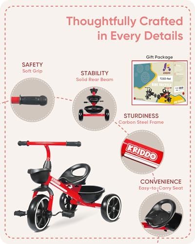 KRIDDO Kids Tricycles Age 24 Month to 4 Years, Trike for 2.5 to 5 Year Old, Gift Tricycles for 2-4 Year Olds, Trikes for Toddlers, Red
