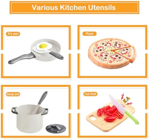 80Pcs Kitchen Playset, Toddler Pretend Cooking with Pots, Pans, Cookware, Food, Picnic Blanket, Fruits, Veges, Shopping Storage Basket, Dessert, Learning Gift for Girls Boys (White)