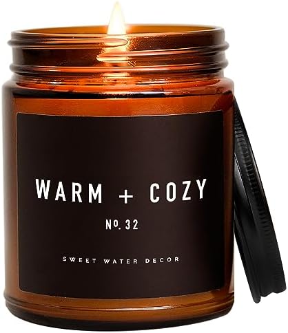 Sweet Water Decor Warm and Cozy Candle | Pine, Orange, Cinnamon, and Fir Balsam Winter Scented Soy Candles for Home | 9oz Amber Jar with Black Lid, 40 Hour Burn Time, Made in The USA
