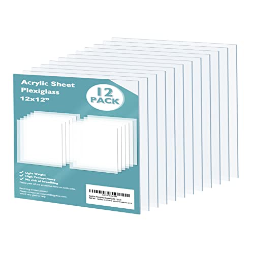 Egofine Plexiglass Sheets Acrylic Sheets 12 Pack of 12x12’’ 0.04 Thick Clear Plastic Cast Transparent Plexi Glass for Crafting Projects, Replacement Picture Frame Glass, DIY Display, Easy to Cut