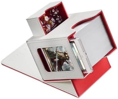 Card Deck Box for MTG Commander - Patented Design, Commander Display, Fits 100 Double-Sleeved Cards, 35pt Card Brick & Dice Tray - White/Red