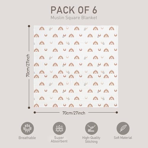 GLLQUEN BABY Receiving Blanket Boy Cotton Muslin Swaddle Blankets Girl Newborn Squares Breathable & Soft Thin Baby Blankets Cloths Double Absorbent Infant Swaddling Wrap - 6 Pack (Sun)