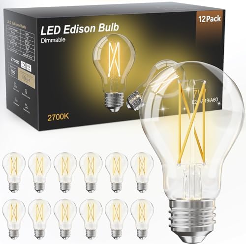 TJOY 12 Pack A19 Vintage LED Edison Bulbs, Dimmable, 60W Equivalent, High Brightness 2700K Warm White, 7W E26 Standard Base, 800 Lumens, CRI80+, Clear Glass Filament Bulb for Home, Farmhouse