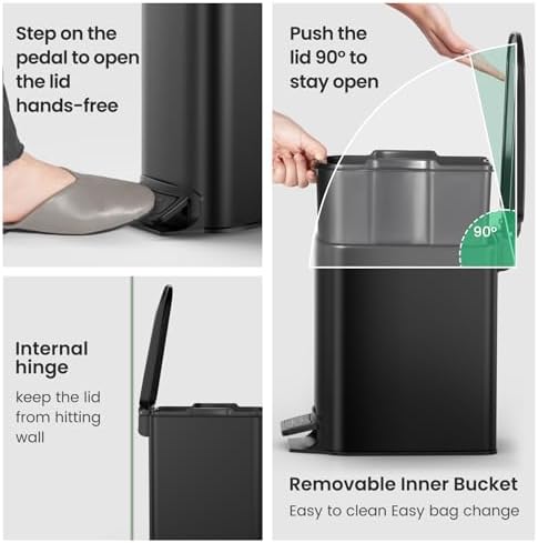 Cesun Small Bathroom Trash Can with Lid Soft Close, Step Pedal, 6 Liter / 1.6 Gallon Stainless Steel Garbage Can with Removable Inner Bucket, Anti-Fingerprint Finish (Matt Black)