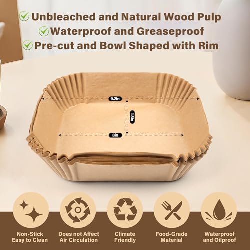 Air Fryer Liners Disposable, 250pcs Non-stick Disposable Airfryer Liners, 8 Inch Unbleached Parchment Paper, Square Air Fryer Paper Liners for 5-8QT Air Fryer, Baking, Roasting Microwave
