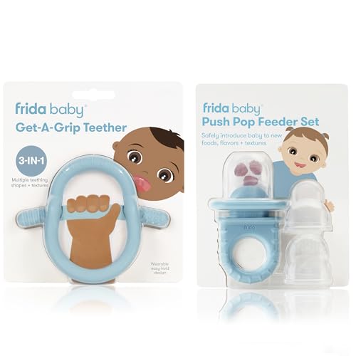 Frida Baby Push Pop Feeder, Baby Fruit Feeder + Get-A-Grip Teether Teething Toy | 100% Food-Grade Silicone Food Pacifier & Teether Toy for Baby 0-6, 12, 18 Months Infant, (Blue)