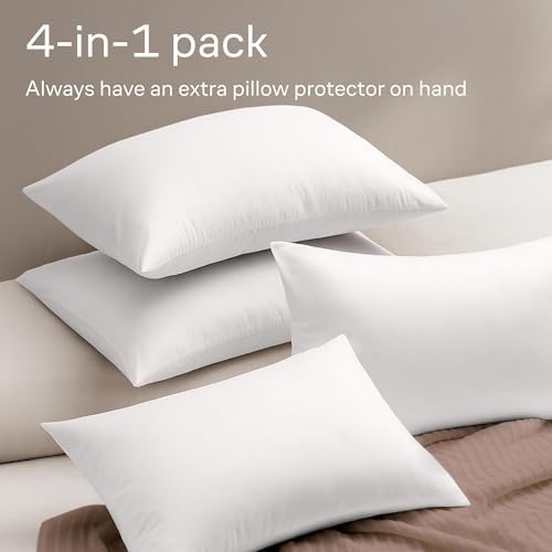 Ultra Soft Pillow Protectors with Zipper King Size - Set of 4 Breathable Pillow Covers - 100% Protection Against Stains, Dust & Dirt - Machine Washable (White)