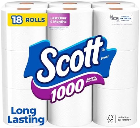 Scott 1000 Toilet Paper, 18 Rolls, Septic-Safe, 1-Ply Toilet Tissue