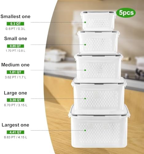 5 PCS Large Fruit Containers for Fridge - Leakproof Food Storage Containers with Removable Colander - Dishwasher & microwave safe Produce Containers Keep Fruits, Vegetables, Berry, Meat Fresh longer