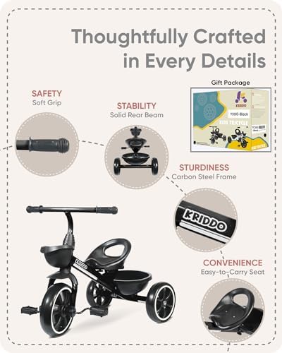 KRIDDO Kids Tricycle for 2-5 Year Olds - Gift for Toddlers - Black