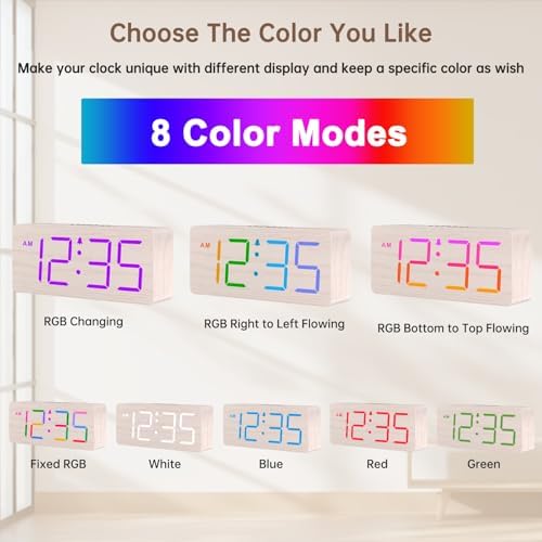 DreamSky Wooden Digital Clock for Bedroom Desk - RGB Loud Alarm Clock for Heavy Sleepers with Volume Control, Large Numbers with Dimmer for Living Room Office, Wood Decor (Adapter Powered)