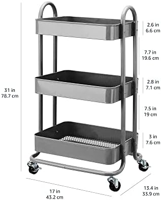 Amazon Basics 3-Tier Rolling Utility or Kitchen Cart, Lockable Wheels, Multifunctional Storage, Charcoal