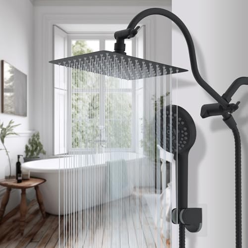 Hibbent All Metal High Pressure Rainfall 10 Inch Shower Head/Handheld Showerhead Combo/ 12 Inch Adjustable Curved Shower Extension Arm, 10-Spray, 71-inch Hose, Adhesive Showerhead Holder, Matte Black