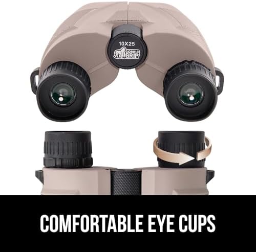 GORILLA GRIP 10x25 Compact Binoculars for Adults with Strap, Superior High Powered Clear 10X Magnification, Lightweight, Bird Watching, Hunting, Stargazing, Adjustable Eye Cups, Khaki