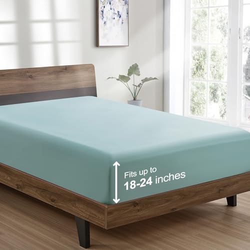 FreshCulture King Fitted Sheet Only - Hotel Quality Ultra Soft & Breathable Brushed Microfiber Fitted Sheet with 21 Inch Deep Pockets - Fits King Size Bed (Spa Blue)