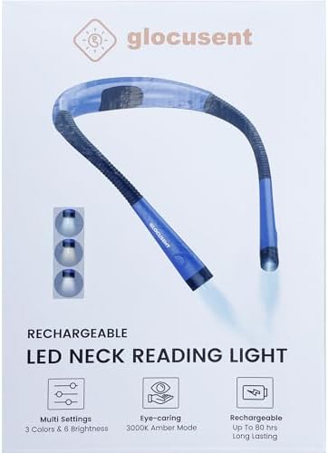 Glocusent Book Light, 3-Color & 6-Brightness Reading Light, Bendable Neck Light, 80-hr Lasting Rechargeable Lamp, Perfect Book Light for Reading in Bed, Knitting, Camping, Repairing, Book Lovers Gifts