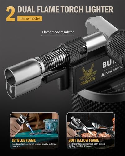 RAVS Butane Torch Lighter, DUAL Flame Mode Kitchen Torch, Refillable Cooking Torch Gun, Creme Brulee Torch Lighter, Blow Torch for Cooking, Welding, Mini Torch Soldering Torch, Butane is Not Included