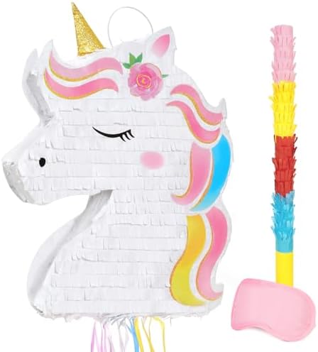WERNNSAI Foldable Unicorn Piñata - Pull String Unicorn Birthday Party Supplies Extendable Unicorn with Blindfold Bat and Tassels Unicorn Birthday Party Decoration Games Folding Piñatas for Kids