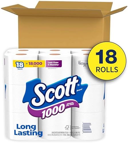 Scott 1000 Toilet Paper, 18 Rolls, Septic-Safe, 1-Ply Toilet Tissue