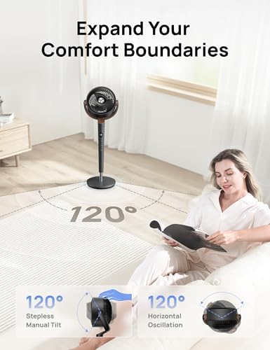 Dreo Fan for Bedroom, 120Β° Oscillating Standing Fans, Quiet Floor Fan with DC Motor, 100ft Pedestal Fans for Room, 9 Speeds, 4 modes, 20dB, 120Β° Manual Vertical, 37-42" Adjustable Height, 9H Timer