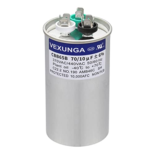 70/10 uF 70+10 MFD 370VAC or 440VAC Dual Run Start Round A/C Capacitor CBB65 CBB65B Air Conditioner Capacitors for AC Unit Fan Motor Start or Heat Pump or Condenser Straight Cool