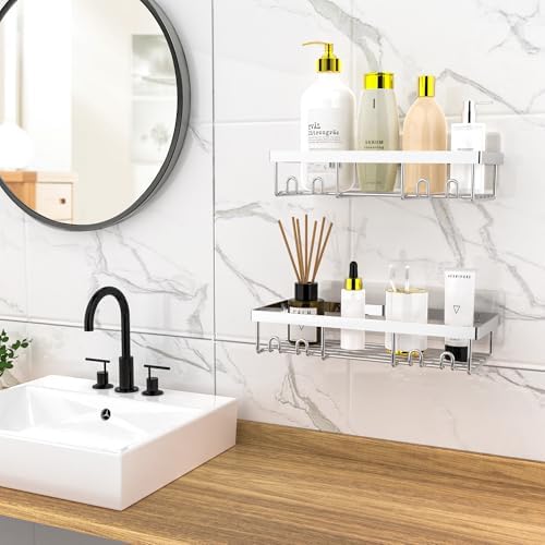 Moforoco Shower Caddy Shelf Organizer Rack, Self Adhesive Black Bathroom Shelves Basket, Home Farmhouse Wall Inside Organization and Storage Decor Rv Accessories, First Camper Apartment Essentials