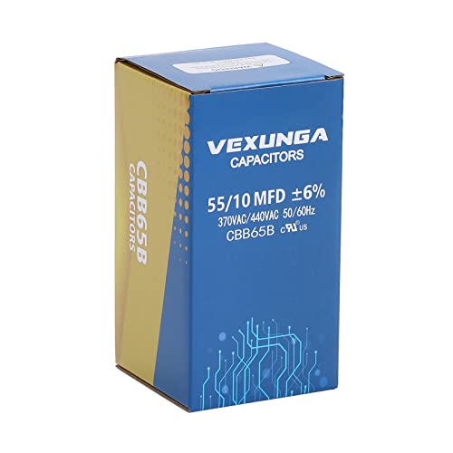 55/10 uF 55+10 MFD 370VAC or 440VAC Dual Run Start Round A/C Capacitor CBB65 CBB65B Air Conditioner Capacitors for AC Unit Fan Motor Start or Heat Pump or Condenser Straight Cool
