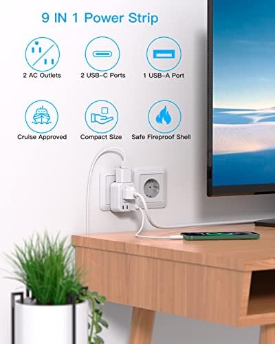 European Plug Adapter, HANYCONY International Power Adapter, US to Europe Adapter Plug 2 Outlets 3 USB Ports(2 USB C), Type C Plug Adapter to Italy Spain France Portugal Iceland Germany