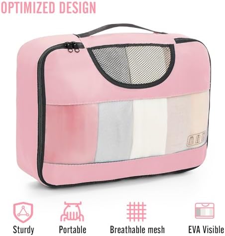 Veken 8 Set Packing Cubes for Travel Essentials, Pink Suitcase Organizer Bags in 4 Sizes, Carry-On Luggage Accessories with Large Laundry & Hanging Toiletry Bag, Must-Have for Airplane, Road Trip