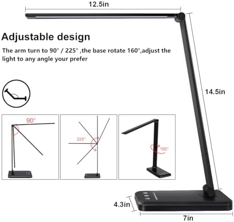 White crown LED Desk Lamp Dimmable Table Lamp Reading Lamp with USB Charging Port, 5 Lighting Modes, Sensitive Control, 30/60 Minutes Timer (Black, First-Generation)