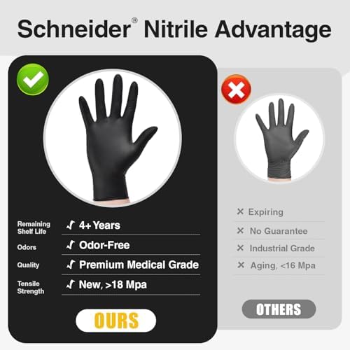 Schneider Nitrile Exam Gloves, Black Latex Free Powder Free Disposable Gloves for Medical, Cooking, Cleaning, and Food Prep