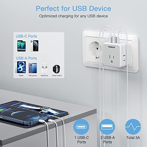 TESSAN All European UK Travel Plug Adapter Kit, International Detachable with 3 Outlet 3 USB Charger (1 USB C), Type C/G/E/F EU Ireland Power Adaptor, US to Europe Italy Spain France Greece