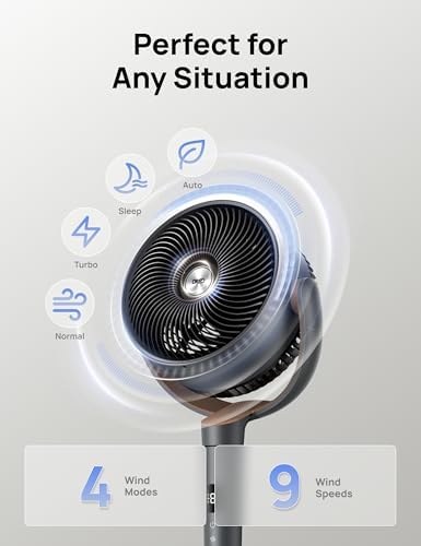 Dreo Fan for Bedroom, 120Β° Oscillating Standing Fans, Quiet Floor Fan with DC Motor, 100ft Pedestal Fans for Room, 9 Speeds, 4 modes, 20dB, 120Β° Manual Vertical, 37-42" Adjustable Height, 9H Timer