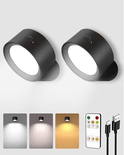 LED Wall Mounted Lights, Rechargeable Wall Sconces Lamp, 3 Color Temps & Remote and Touch, 360°Rotation Dimmable Cordless Wall Light for Study Bedroom Reading Bedside(Black, 2 Pack)