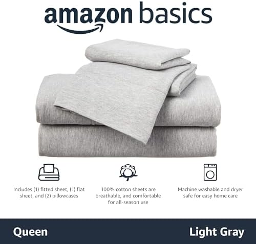 Amazon Basics 4 Piece Bed Sheet Set, 100% Cotton Jersey, Includes Super Soft, Flat and Fitted Sheets, Pillowcase, Queen, Light Gray, Solid