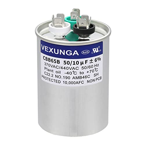 50/10 uF 50+10 MFD 370VAC or 440VAC Dual Run Start Round A/C Capacitor CBB65 CBB65B Air Conditioner Capacitors for AC Unit Fan Motor Start or Heat Pump or Condenser Straight Cool