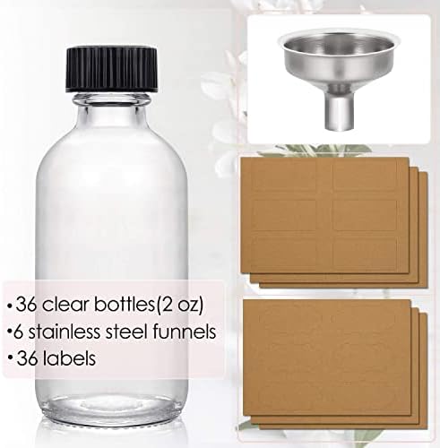 36 Pack, 2 oz Small Clear Glass Bottles w/Lid & 6 Stainless Steel Funnels - 60ml Boston Sample Bottles - Mini Travel Essential or Decorative Bottles for Potion, Juice, Wellness, Ginger Shots, Whiskey