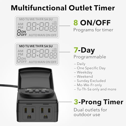 BN-LINK 7 Day Outdoor Heavy Duty Digital Programmable Timer, Outdoor Timer Outlet Waterproof, 2 Grounded Electrical Outlets for Christmas Lights, 15A 1/2HP,ETL Listed