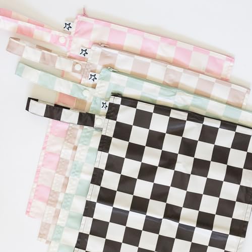 Tiny Twinkle Mess-Proof Waterproof Wet Dry Bag | 2-Pack Reusable Wet Bags for Swimsuits & Baby Clothes | Leakproof Wet Bag for Travel & Diaper Changes for Baby (Black, Green Checkers)