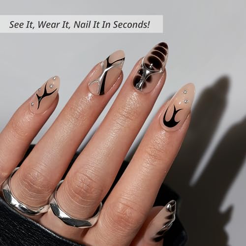 BTArtbox Press On Nails Almond - 3D Design Black Medium Press On Nails with Glue for Women, Opaque Soft Gel Glue On Nails in 15 Sizes - 30 Stick On Nails Kit, Gothic Chains