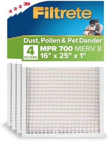 Filtrete 16x25x1 AC Furnace Air Filter, MERV 8, MPR 700, Tough on Pollen, Easy on Airflow, 3-Month Pleated 1-Inch Electrostatic Air Cleaning Filter, 4-Pack (Actual Size 15.69 x 24.69 x 1.56 in)