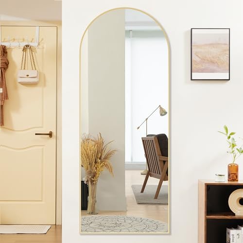 Sweetcrispy 64"x21" Arched Full Length Mirror, Standing or Leaning Full Body Mirror with Aluminum Alloy Thin Frame, Suitable for Bedroom or Cloakroom,Gold