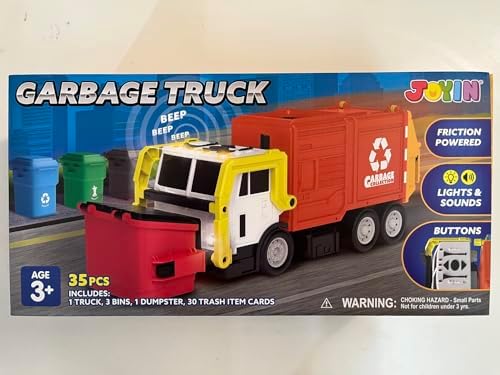 JOYIN Large Friction Powered Garbage Truck Toy Set, Includes Dumpster, Trash Bins, and Learning Cards for Kids, Orange