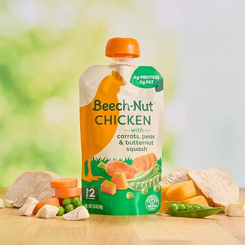 Beech-Nut Chicken Baby Food Pouches with 4g of Protein, Chicken Carrots Peas & Butternut Squash, Baby Puree Meat Baby Food Pouch, Stage 2, 3.5 oz Pouch (12 Pack)