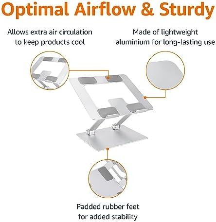 Amazon Basics Sturdy and Portable Ergonomic Laptop Stand for Desk, Adjustable Riser, Fits all Laptops and Notebooks up to 17.3 Inch, Silver, 10 x 8.7 x 6 in