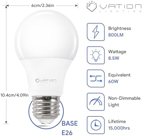 A19 LED Light Bulbs 3000K Warm White, 60 Watt Equivalent, Efficient 8.5Watt, 800 Lumens, E26 Medium Base, Non-Dimmable, ETL/UL Listed, 24 Pack